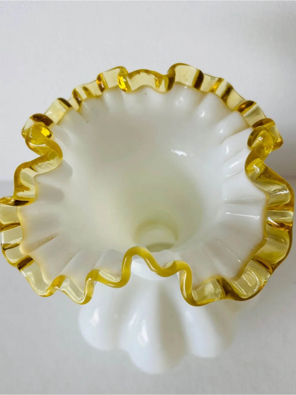 Fenton Art Glass Gold Crest Ruffled Milk Glass Melon Vase 8